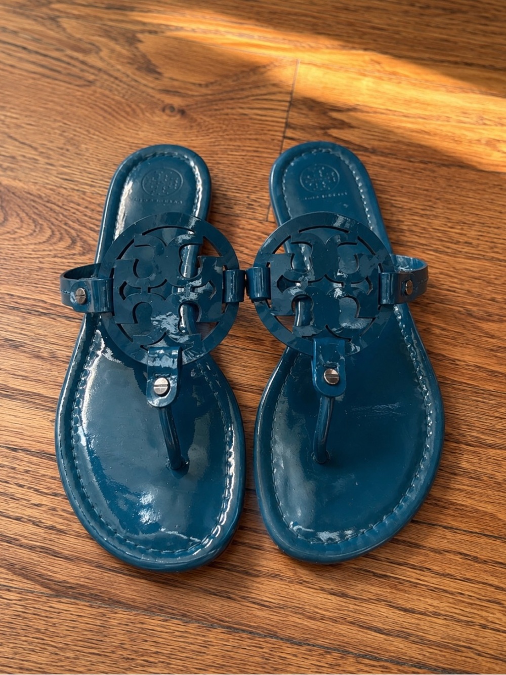 Tory Burch Navy Leather Sandal Strap with Metallic Logo Detail